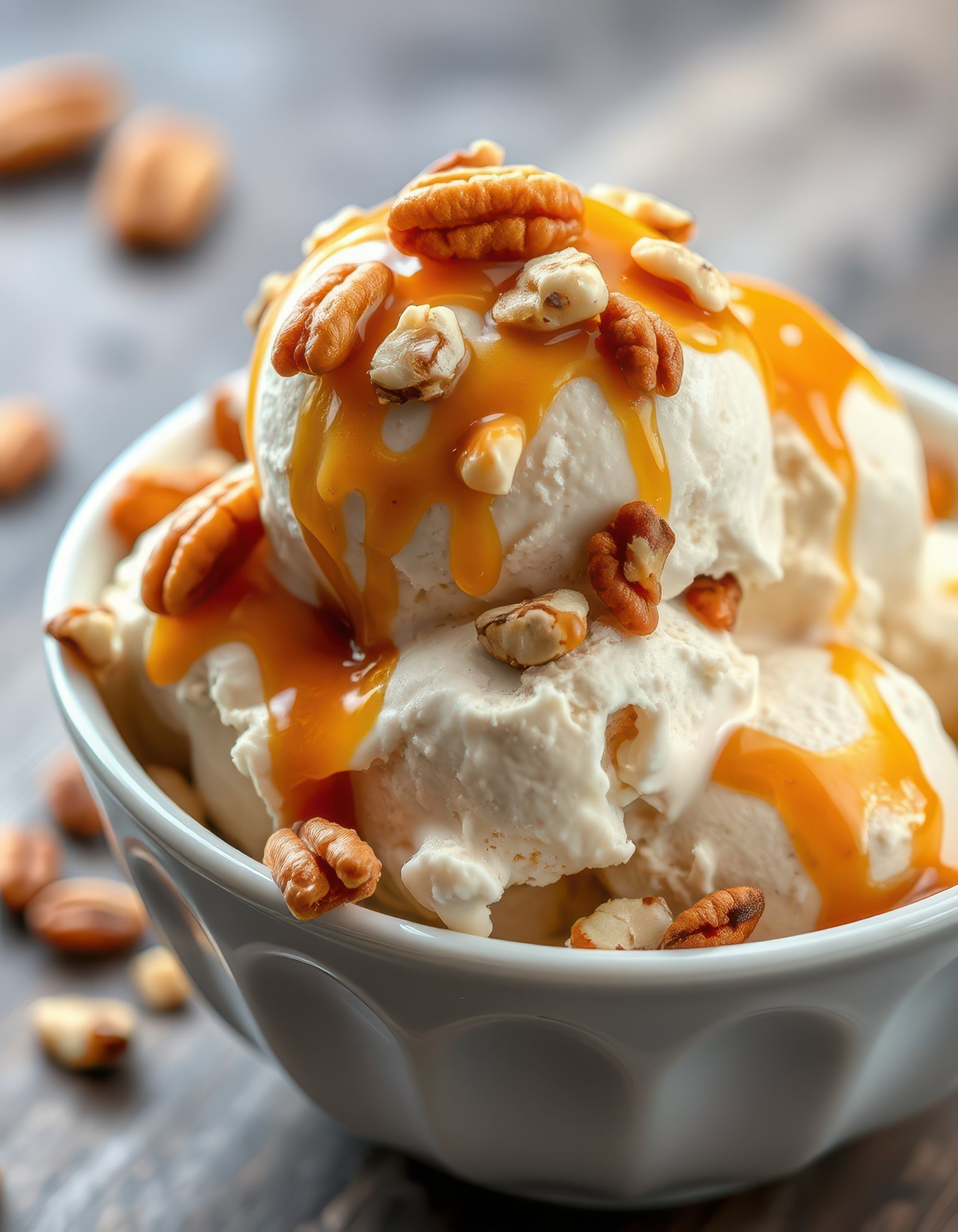Delicious vanilla ice cream topped with caramel and pecans enjoyed in a cozy setting
